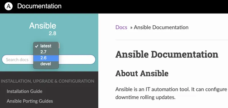 The Ansible documentation versions drop-down.