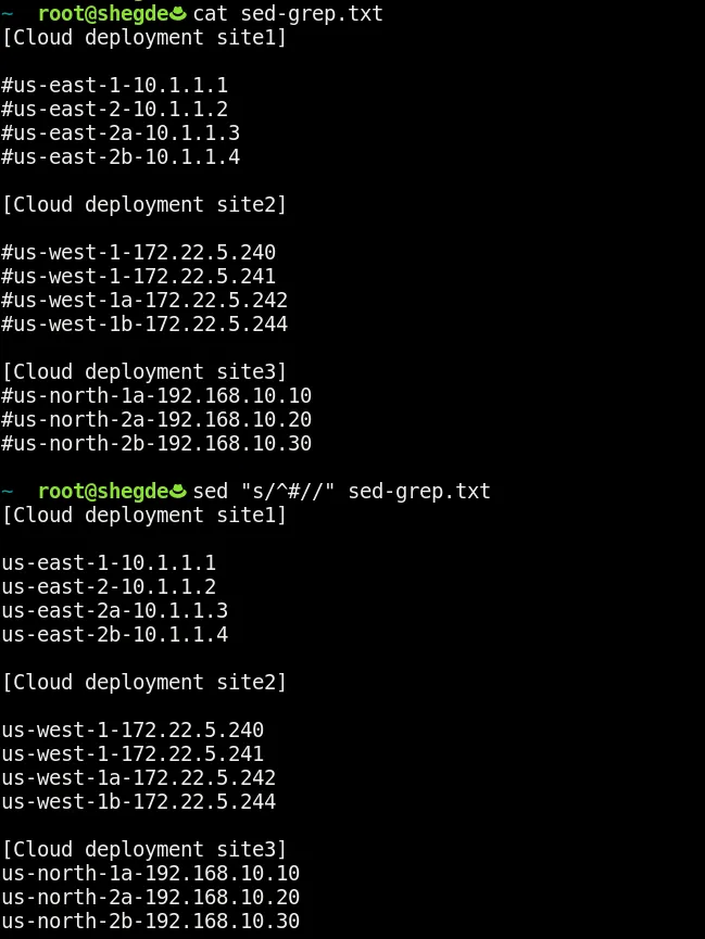 Removing comments from a file with sed.