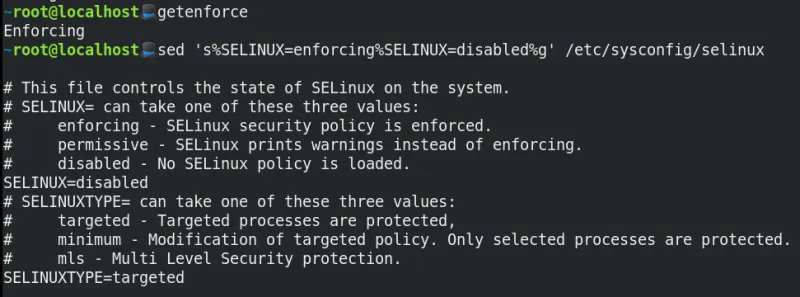 Using sed to manipulate SELinux.