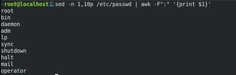 Using sed to view the first 10 users in /etc/passwd.