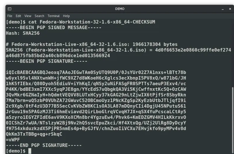 Contents of CHECKSUM file showing both the plain text of SHA256SUM and PGP Signature block