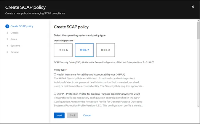 RH Insights compliance create policy dialog