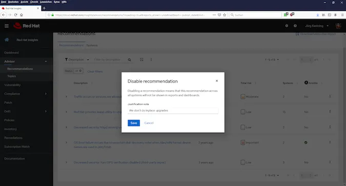 Red Hat Insights disable recommendation justification note