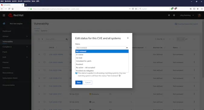 Red Had Insights vulnerability edit status