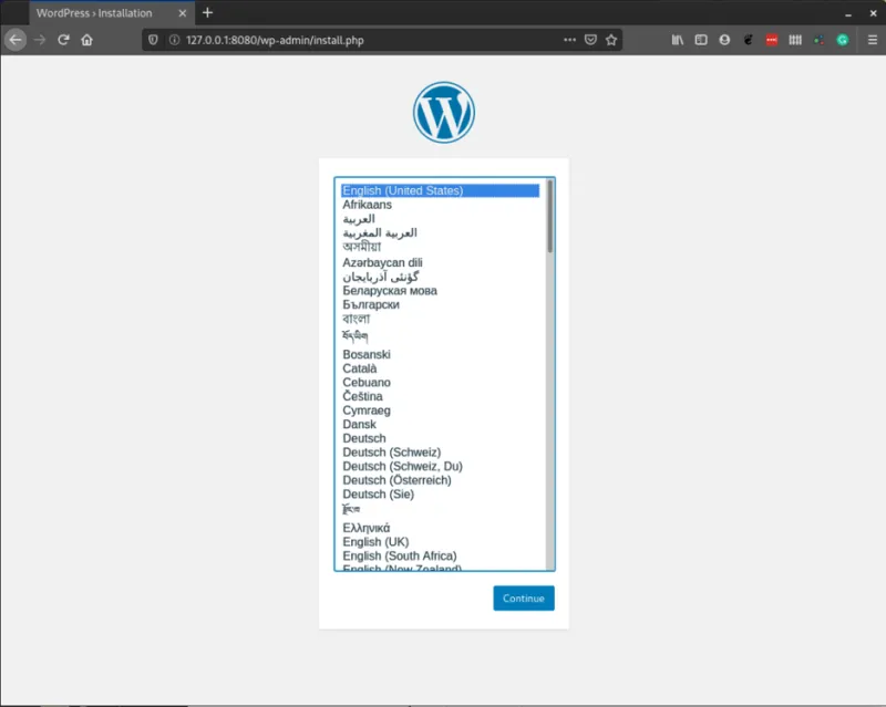 The initial wordpress setup page
