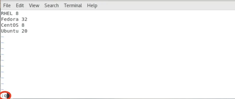 File with Vim's :q command highlighted