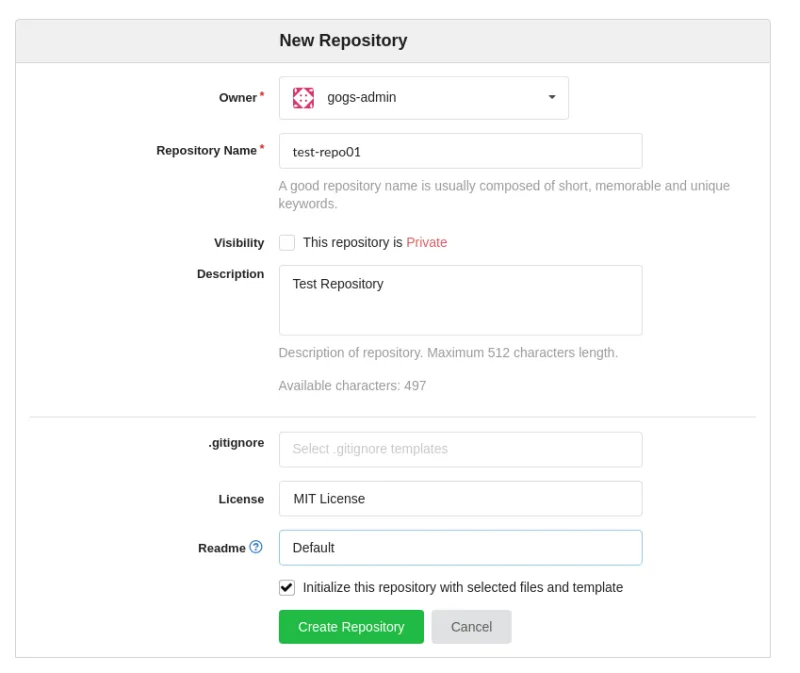 Gogs new repository settings box