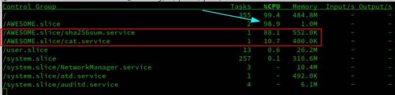 ctop showing aggregation of services in a slice and resource utilization