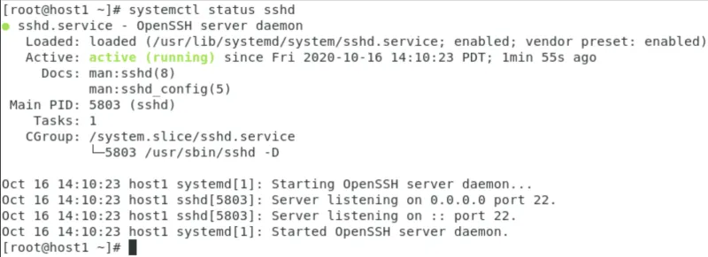 Output from the systemctl status sshd command displaying the service as active and running