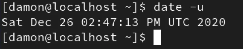 date command output after using the -u option, displaying UTC time information.