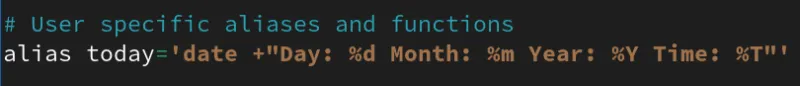 Alias of a formatted date command in ~/.bashrc