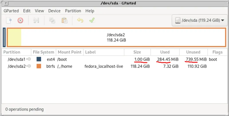Gparted display of original partitioning