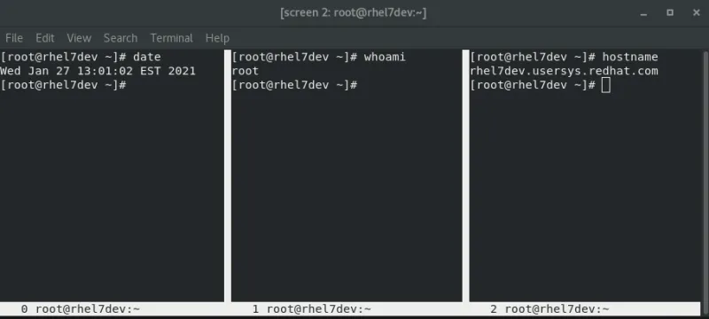Three split screens with the screen command