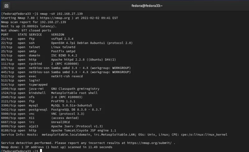 Nmap scan results displaying many open ports