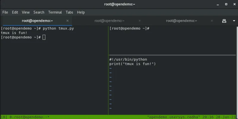 The tmux display with three screens