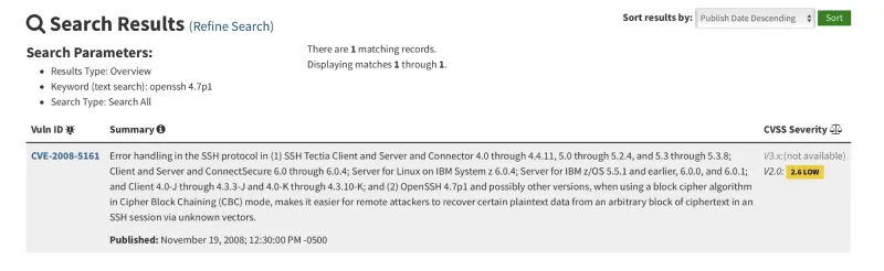 NIST vulnerability search results for OpenSSH