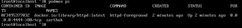 Output of podman ps confirming httpd is running