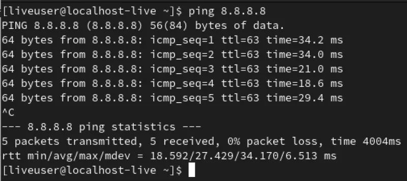 results of ping to 8.8.8.8