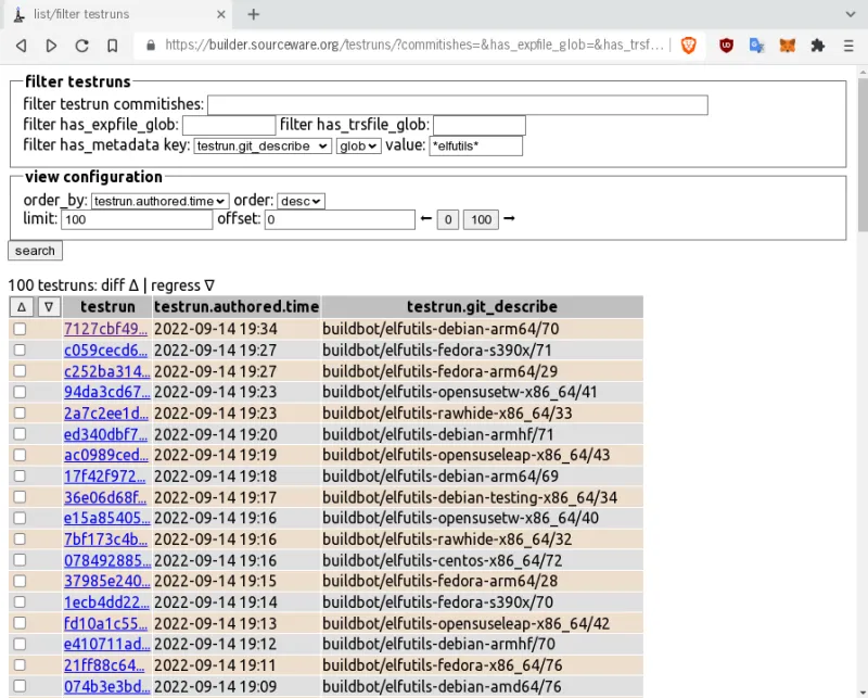 Screenshot showing a list of Bunsen test runs ordered by authored time
