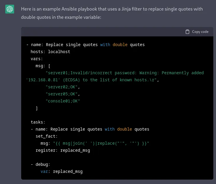 ChatGPT response with YAML code