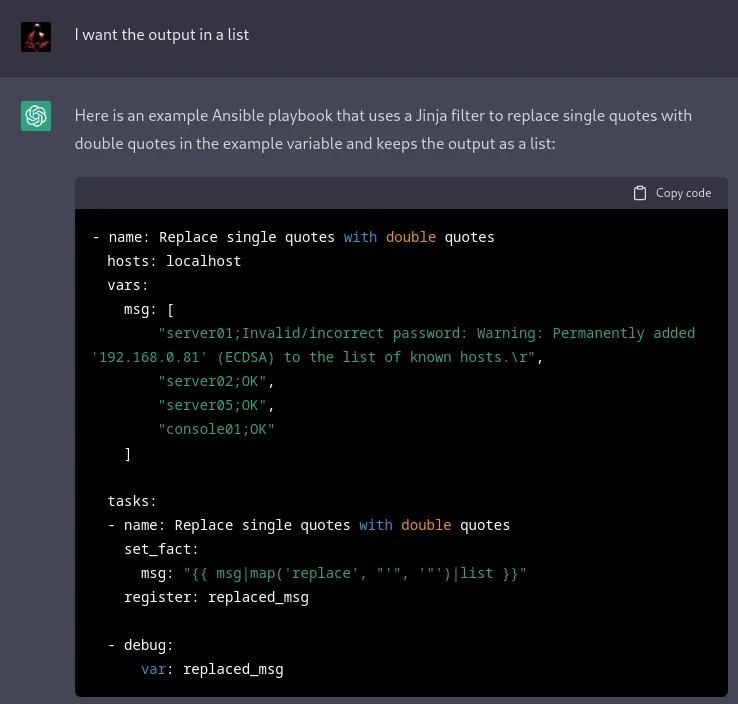 ChatGPT response with YAML code