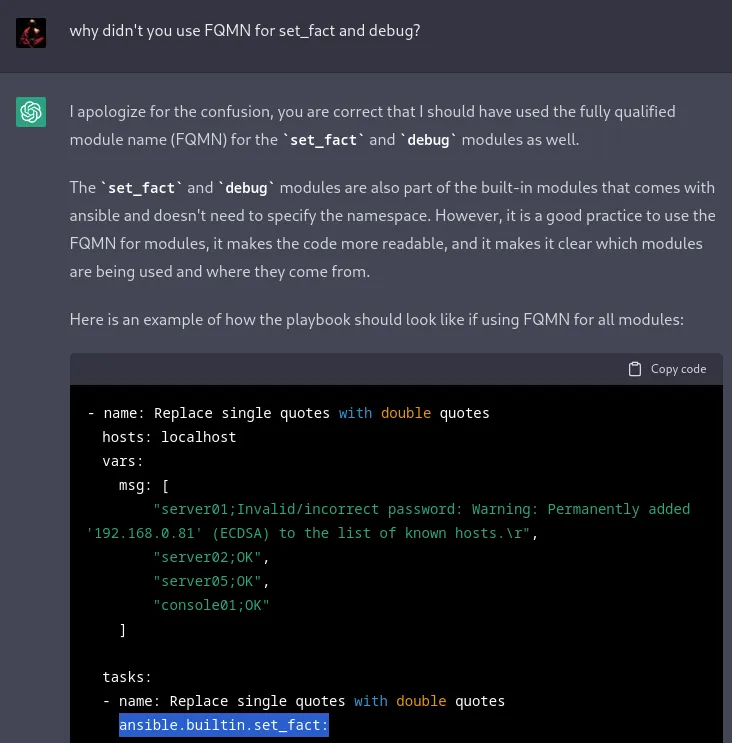 ChatGPT asking it to use FQMN