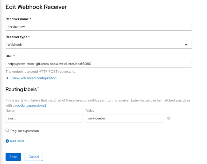 Interface to edit the webhook receiver