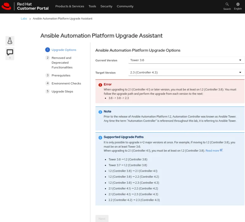 AAP Upgrade Assistant User Interface