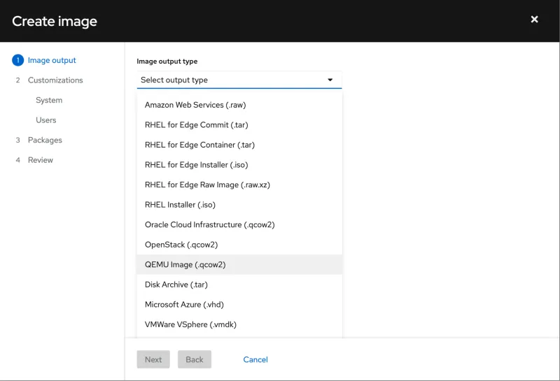 Choose an image output type