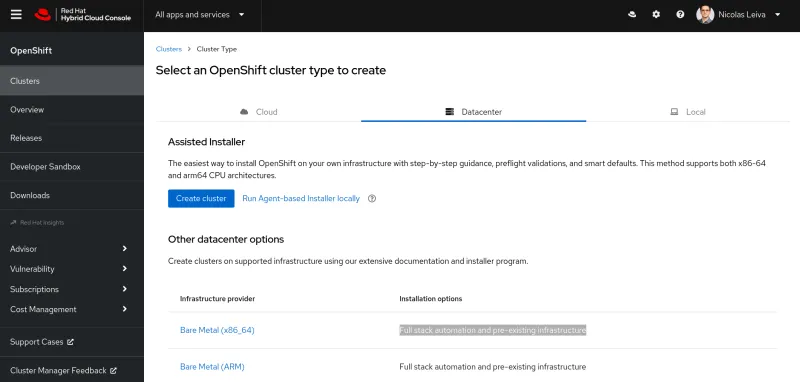 OpenShift Assisted Installer interface