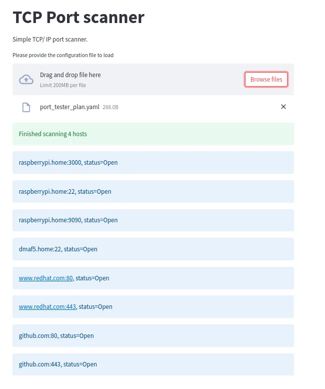 TCP port scanner results displayed with Streamlit