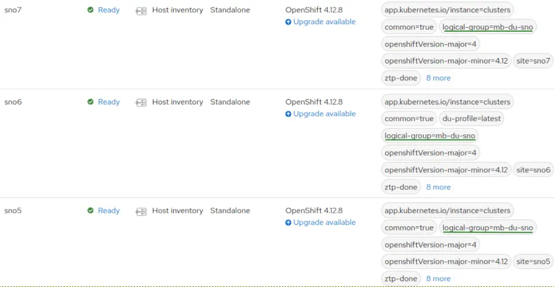 Screenshot of SNO5, SNO6 and SNO7 deployed and working
