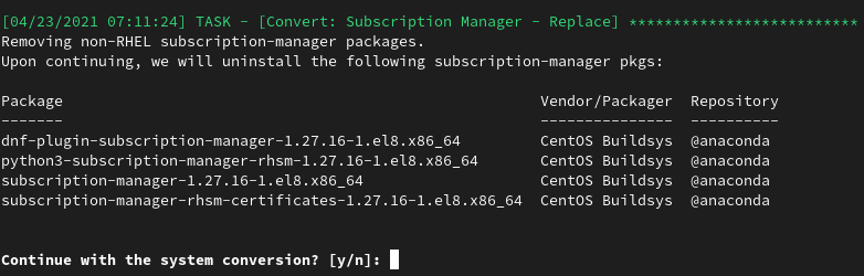 ig 2 convert2rhel list of Subscription Manager related packages that will be replaced