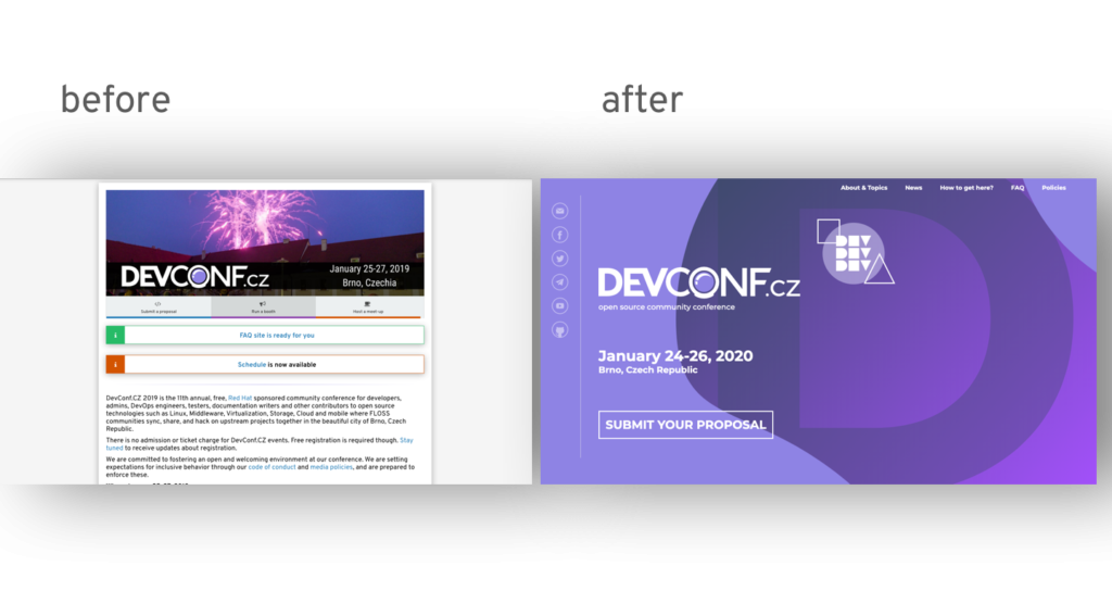 Before and after images of DevConfCZ website