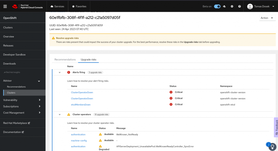 Screenshot of Red Hat Insights Upgrade Risks feature