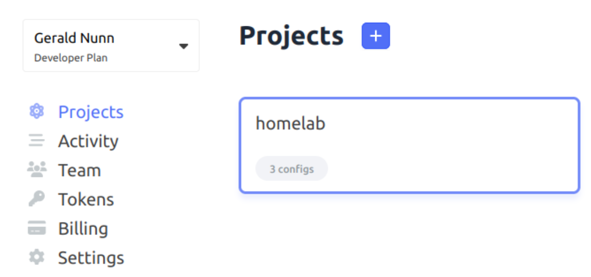 Screenshot of the Doppler Projects page showing homelab