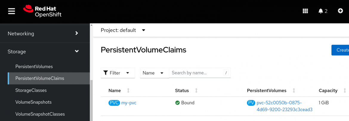 Persistent data on OpenShift: Screenshot of PersistentVolumeClaims list
