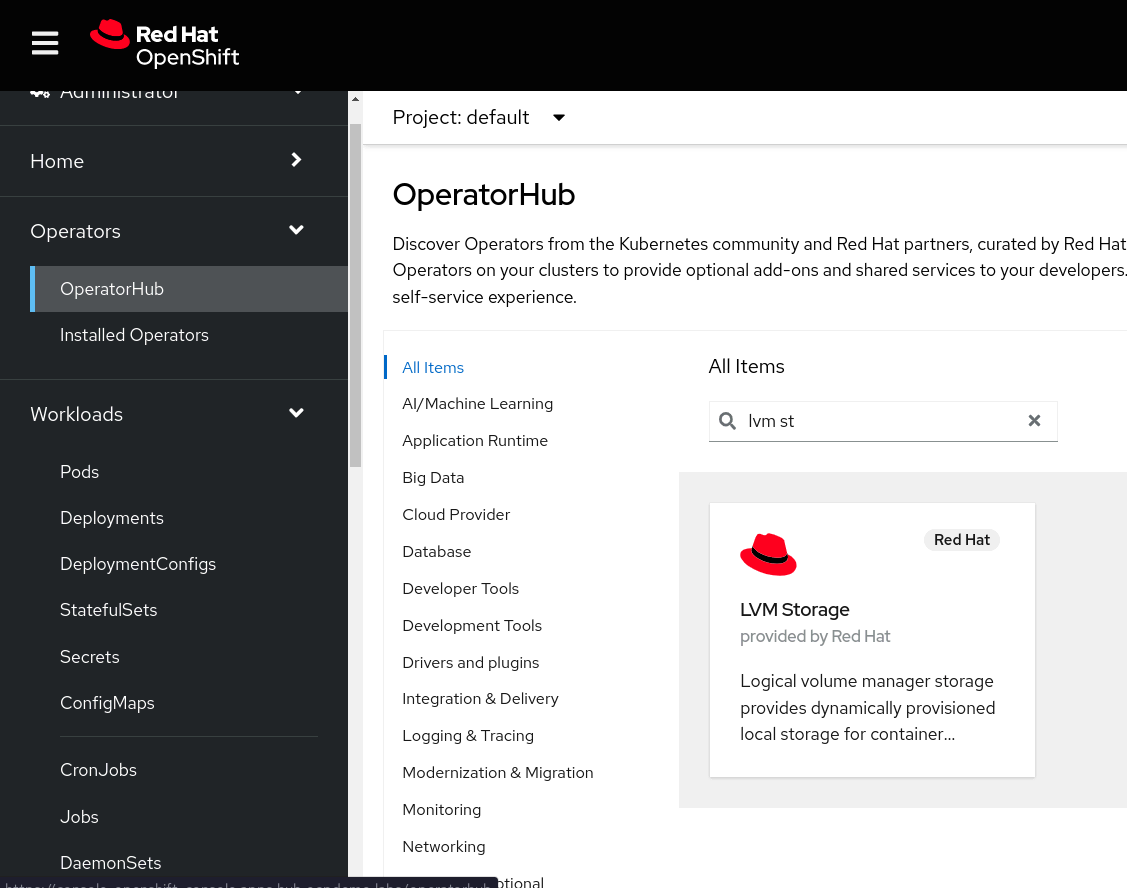 Persistent data on OpenShift: Screenshot of Red Hat Operator Hub