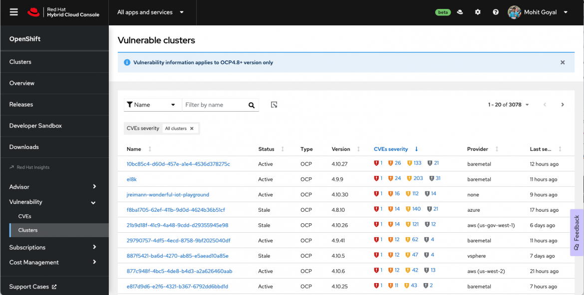 Figure 2: The Clusters page within the Insights Vulnerability for OpenShift service