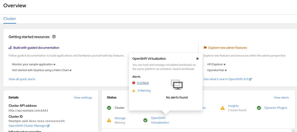 Screenshot of a cluster overview with OpenShift Virtualization alerts highlighted