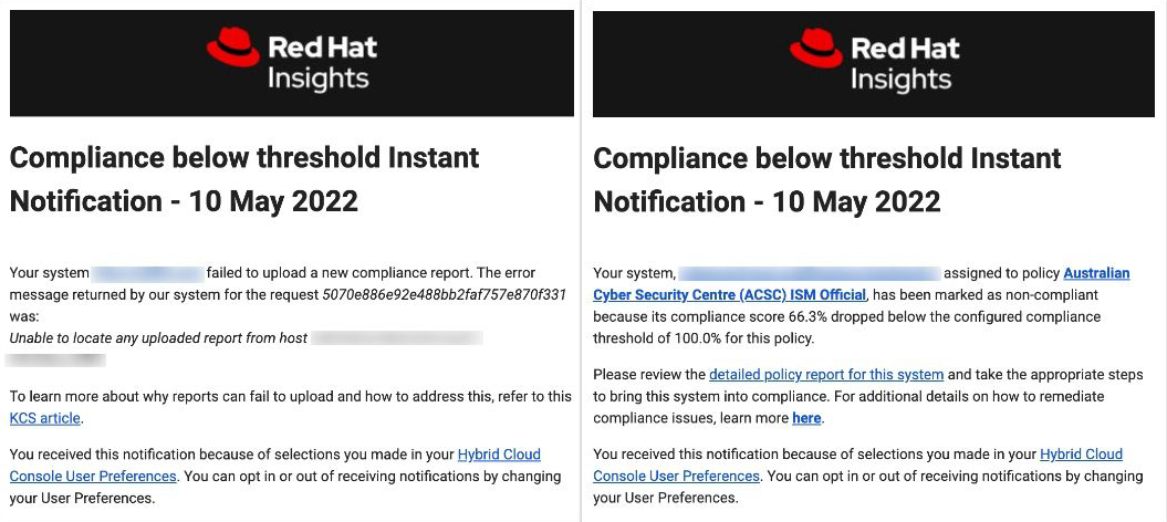 Figure 5. Examples of the two possible instant notification emails for Compliance events