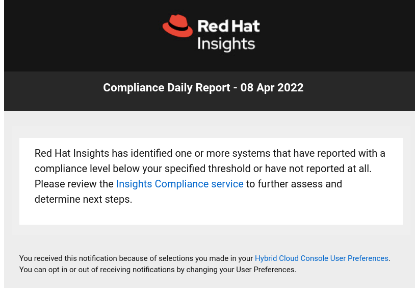 Figure 6. Example of the consolidated daily digest email for Compliance events