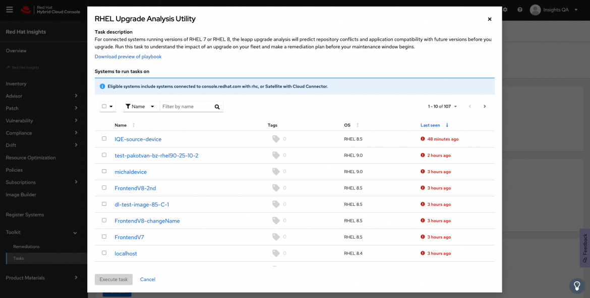 RHEL Upgrade Analysis Utility screenshot