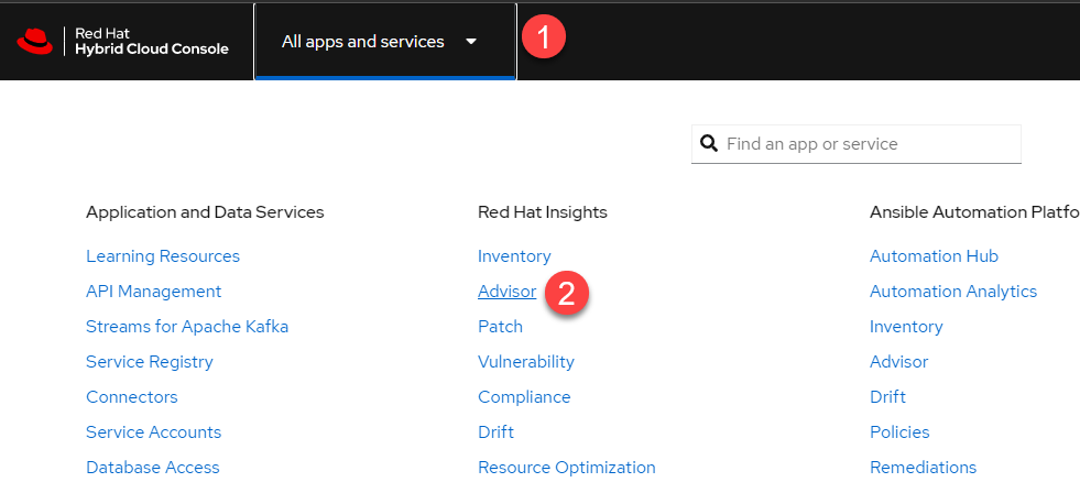 Log into Hybrid Cloud Console and navigate to the Advisor service