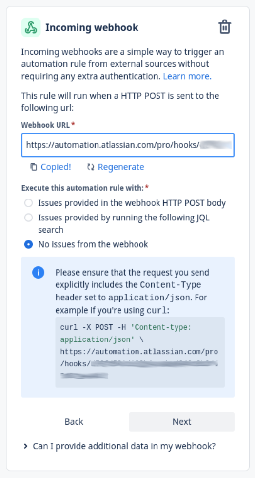 Incoming webhook configuration in Jira’s Rule builder