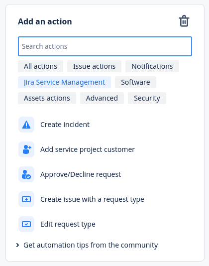 Selecting the Create Incident action in Jira’s Rule builder