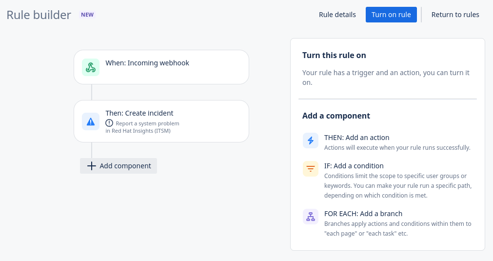 Rule for creating an incident from an incoming webhook in Jira Software
