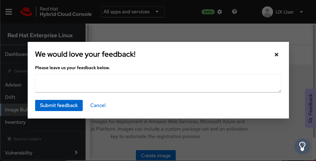 RHEL image builder service feedback form