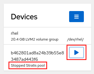 Screenshot showing the start button on a currently stopped Stratis pool