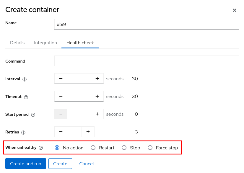 Screenshot showing the ability to configure Podman health check actions